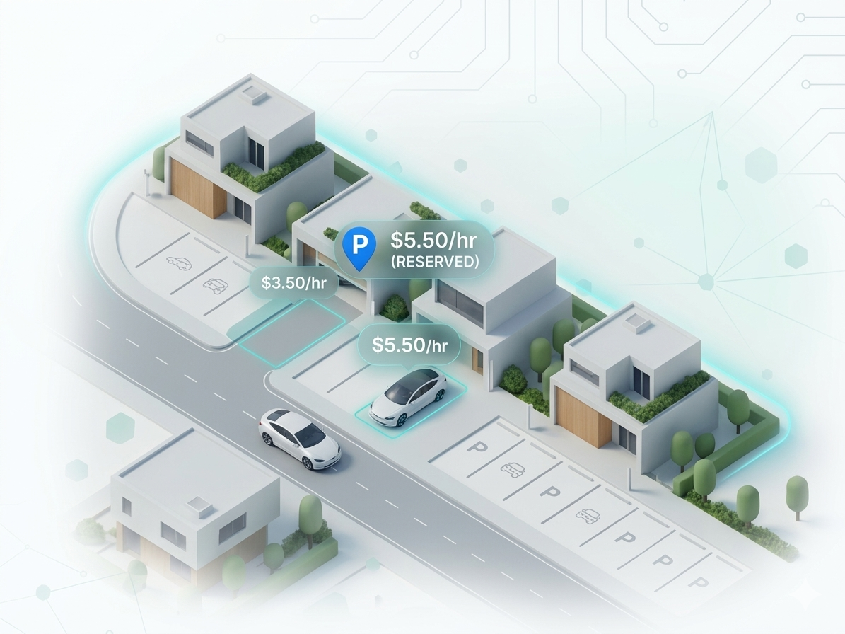 Isometric view of a residential street with highlighted driveways showing parking prices of $3.50/hr and $5.50/hr